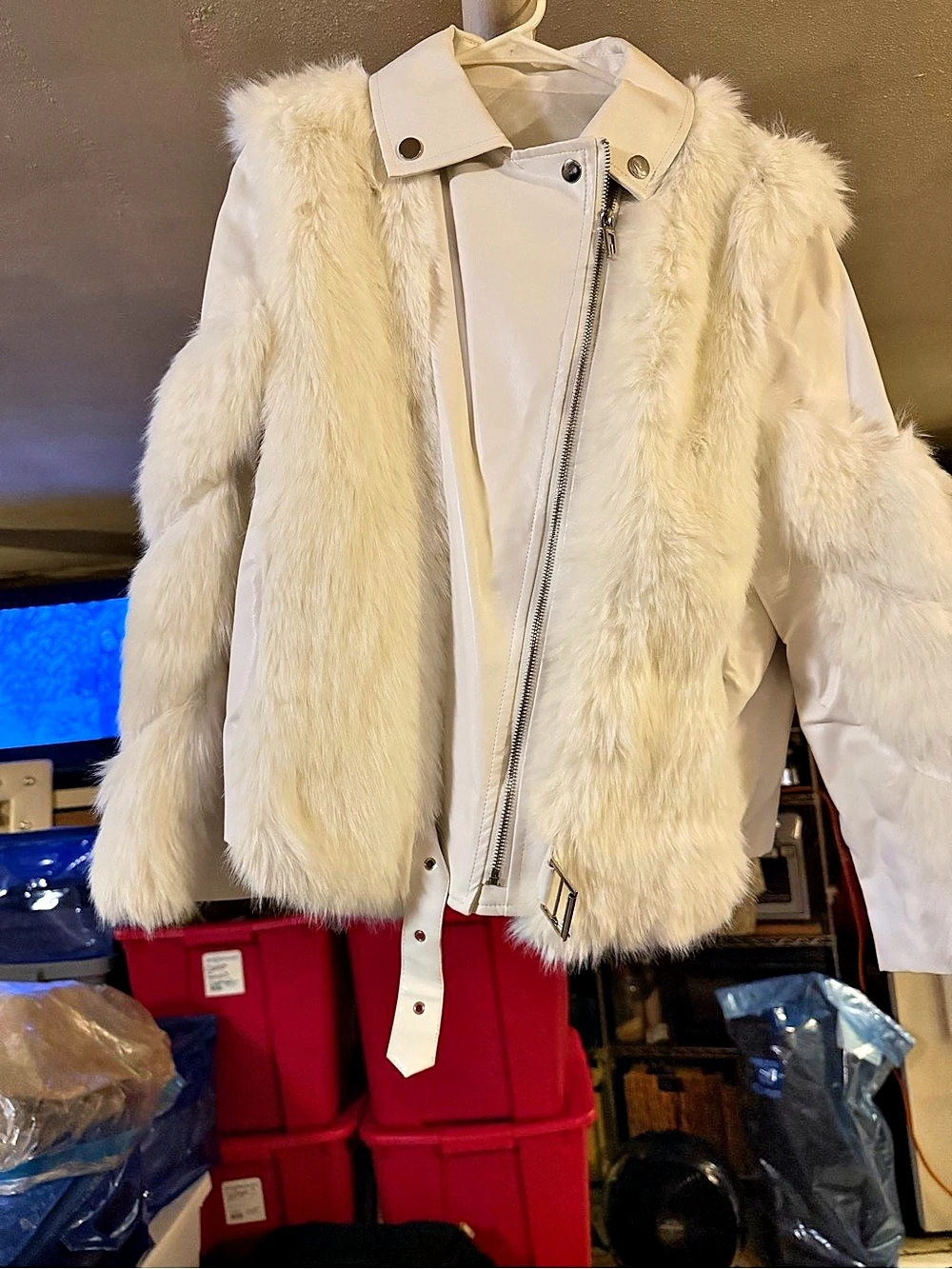 White Faux Fur Moto Jacket Like New